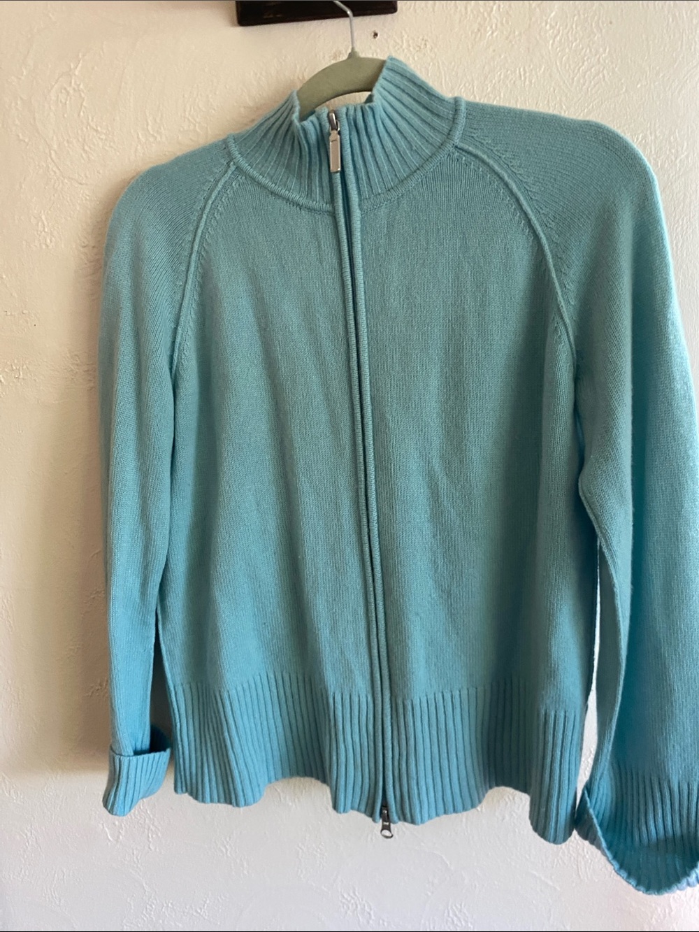 Light Aqua Full-Zip Women'sCashmere  Cardigan Sweater